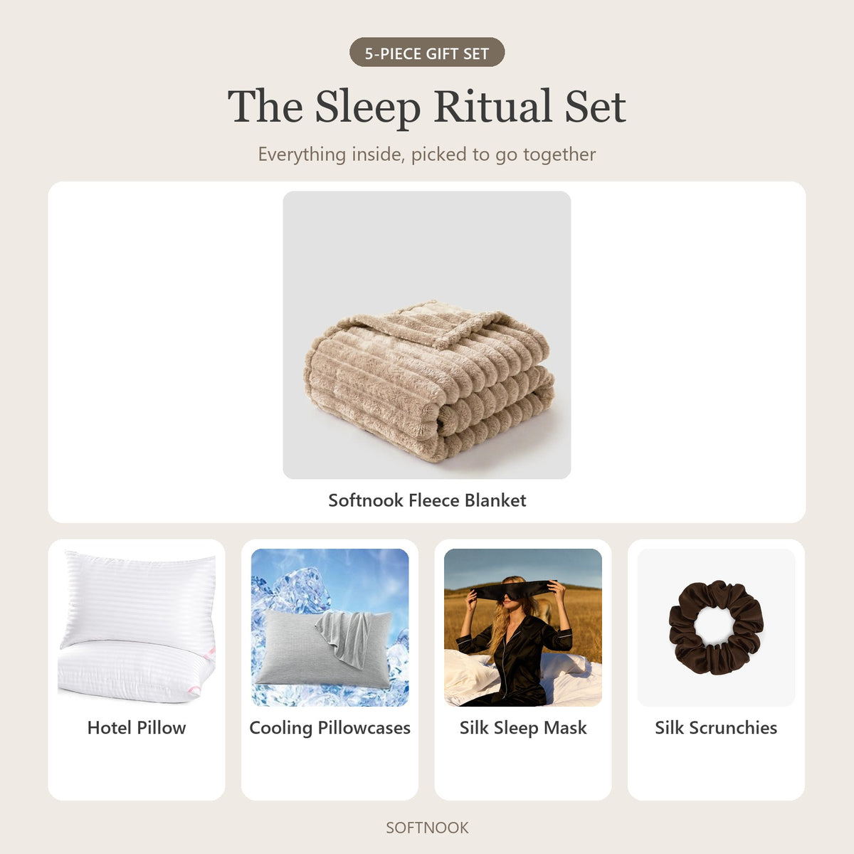 The Sleep Ritual Set: Softnook Fleece Blanket, Hotel Pillow, Cooling Pillowcases, Silk Sleep Mask and Silk Scrunchies