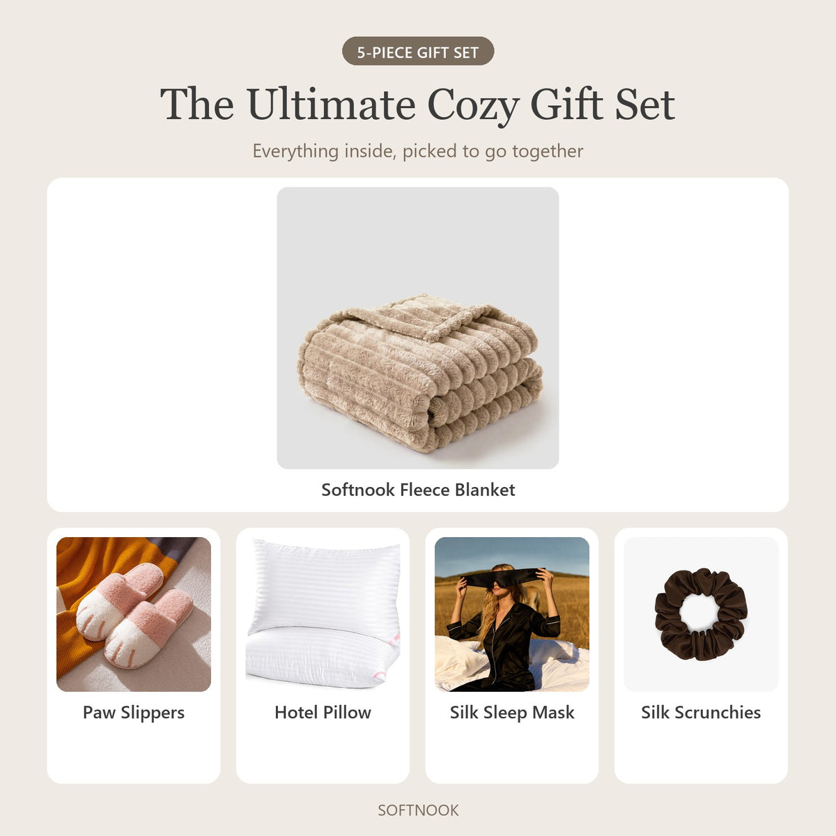 The Ultimate Cozy Gift Set: Softnook Fleece Blanket King XL, Paw Slippers, Hotel Pillow, Silk Sleep Mask and Silk Scrunchies
